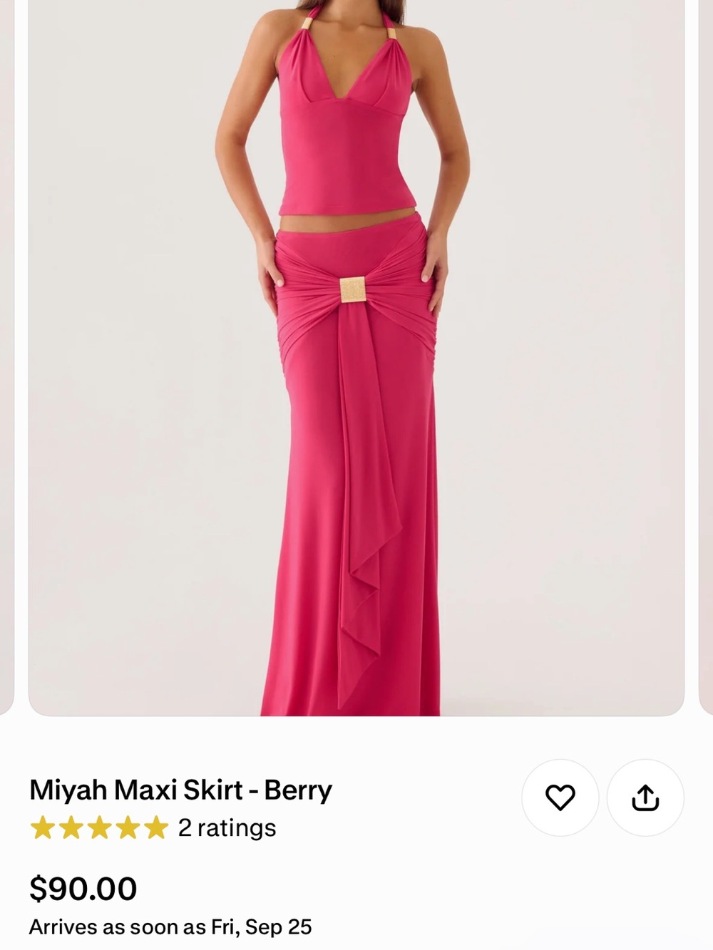 Peppermayo Berry Maxi skirt and top with Draped Front and Center Accent